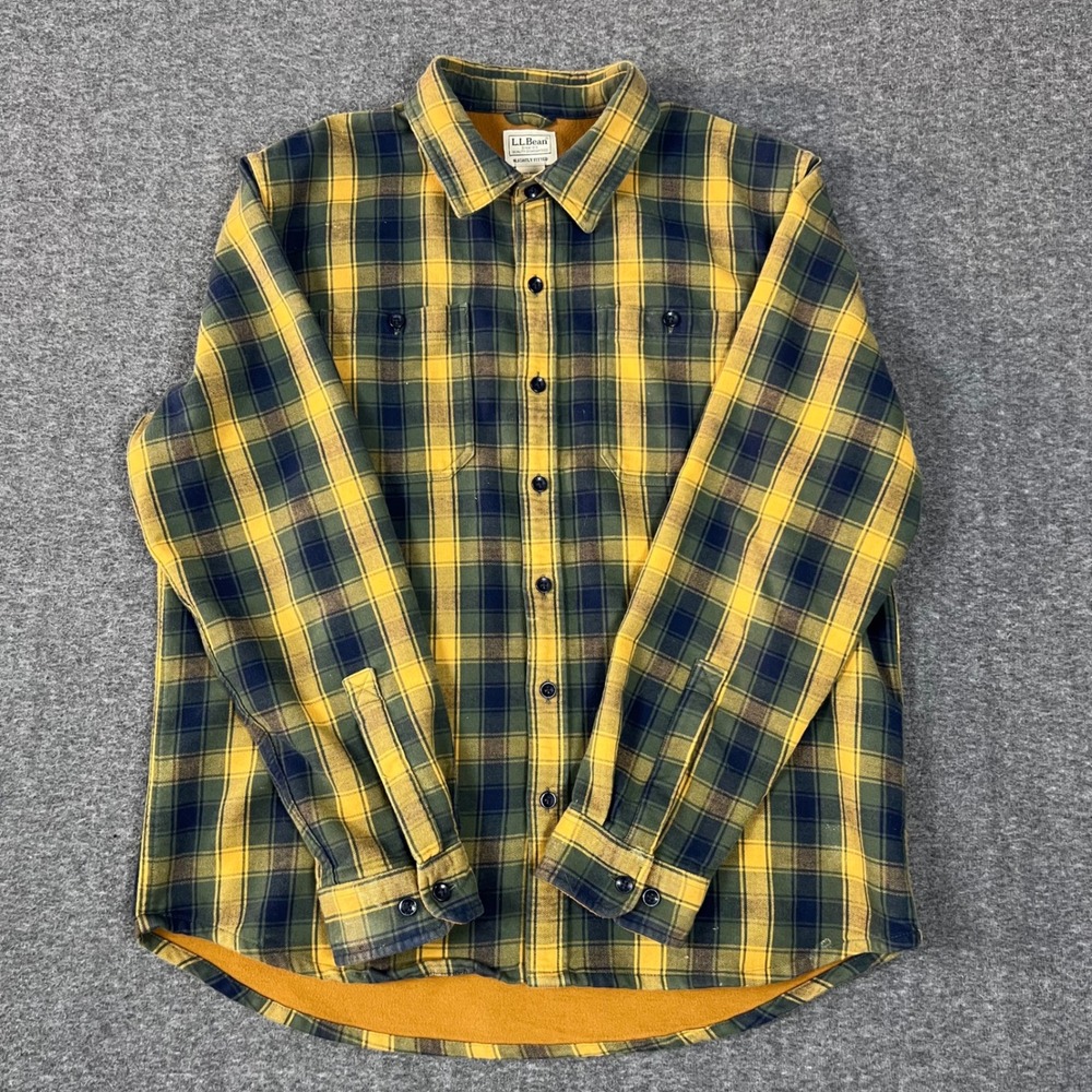 LL Bean Fleece Lined Flannel Button Up Shirt Mens Large Yellow Green Check Plaid